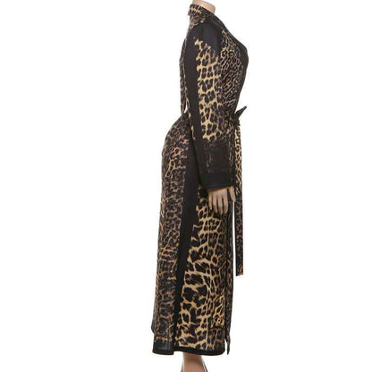 Leopard Pattern print Casual Bandage Trench Jacket