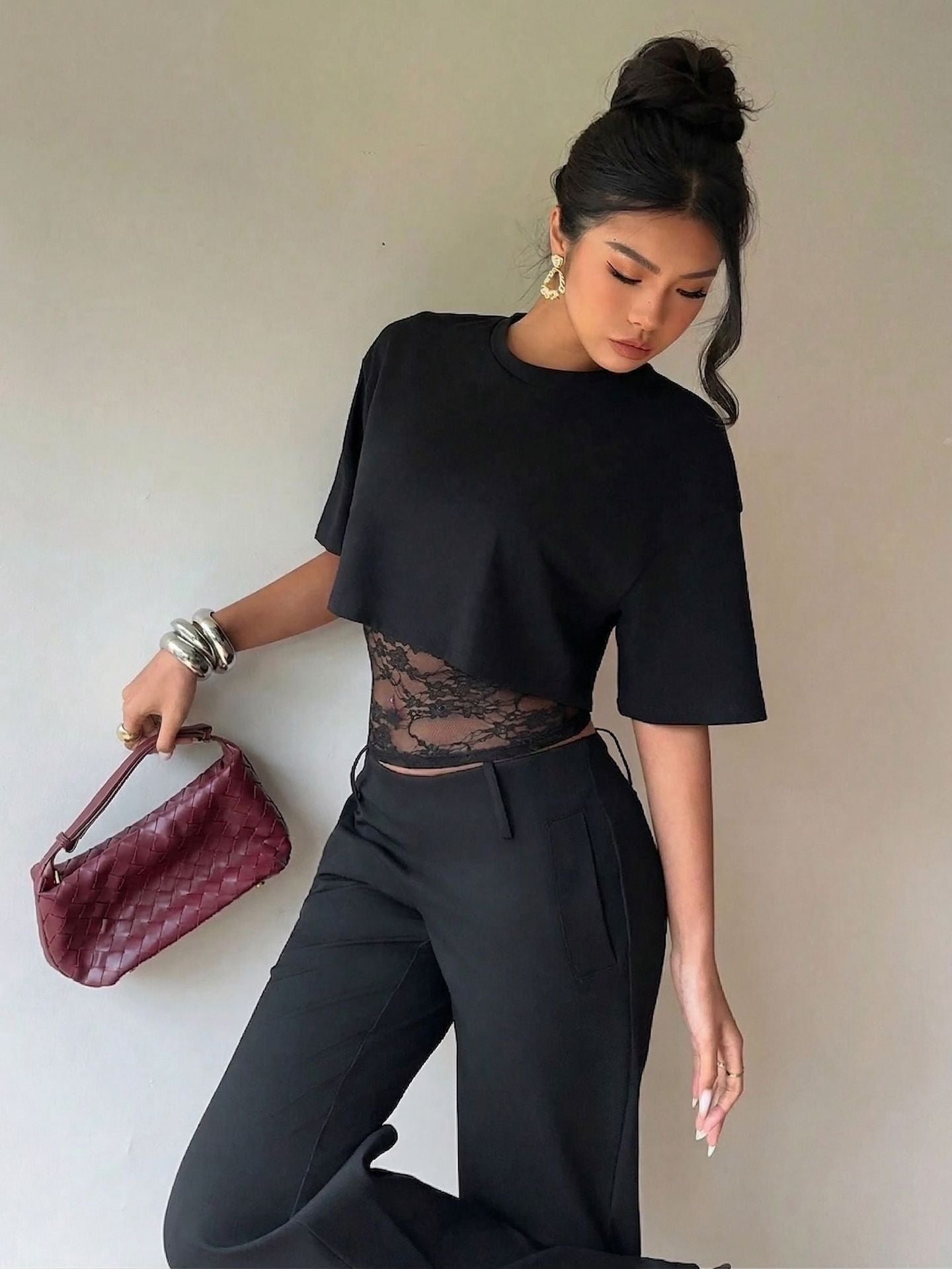 Two Piece Lace Slim Fit Patchwork T-shirt