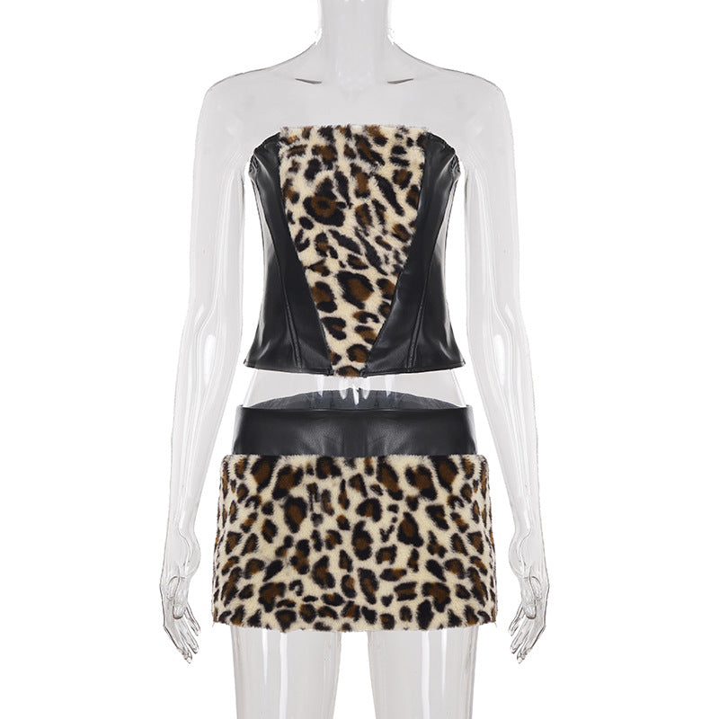 Leopard Fur Stitching Leather Hip Skirt Two Piece Set