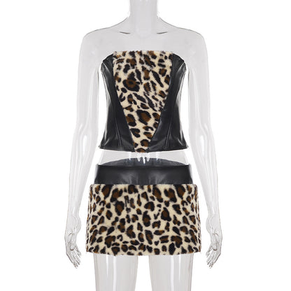 Leopard Fur Stitching Leather Hip Skirt Two Piece Set