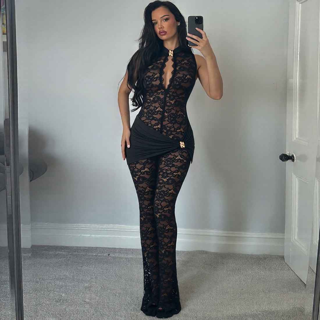 Lace Stitching Sleeveless Sexy High Waist Slim Fit Micro Pull Jumpsuit