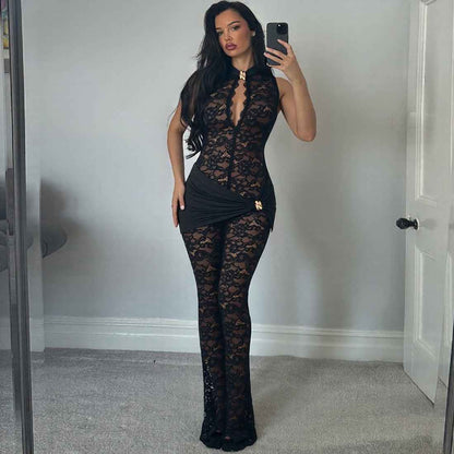 Lace Stitching Sleeveless Sexy High Waist Slim Fit Micro Pull Jumpsuit