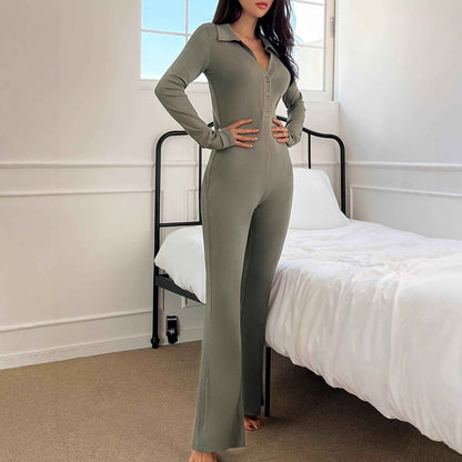 Polo Collar Knitted Long Sleeved Jumpsuit for Women