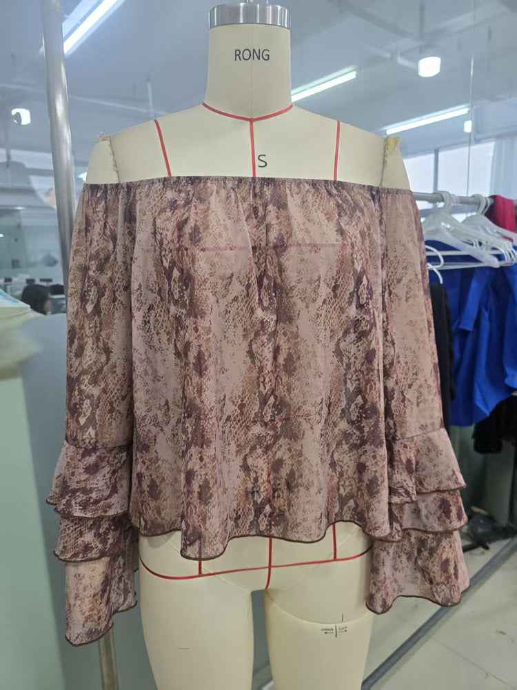 Women's Casual Printed off Shoulder Chiffon Blouse
