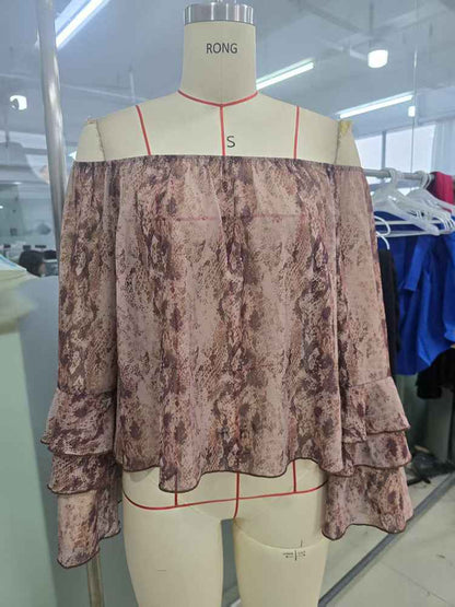Women's Casual Printed off Shoulder Chiffon Blouse