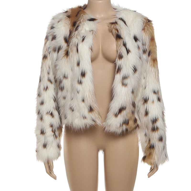 Leopard Print Spotted Long Fur Warm Long Sleeve Jacket
