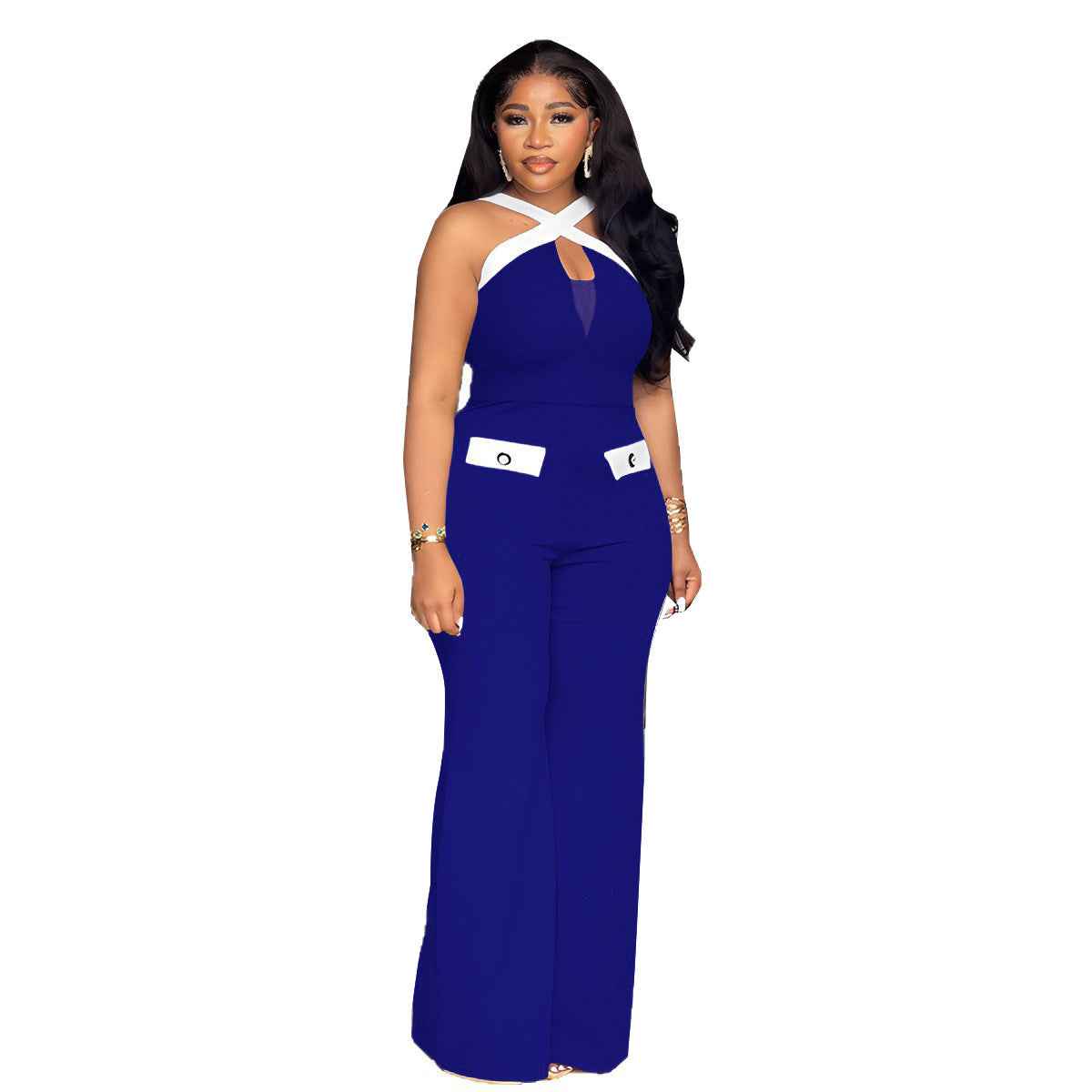 Elegant Office Contrast Color Cross Strap Jumpsuit