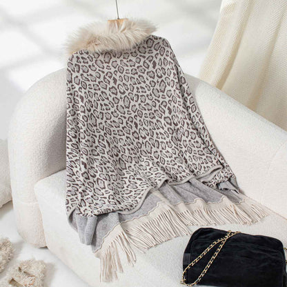 Leopard Print Fur Collar Loose Batwing Sleeve Sweater Cape Cardigan Women (one size fits all)