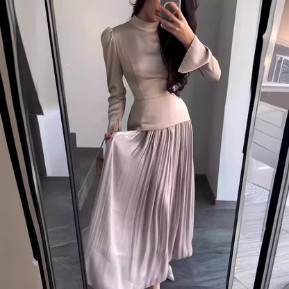 Women's New Color Contrast Patchwork Slim-fit Lace Up Long Sleeve Dress