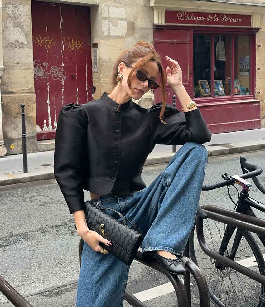 Spring Arrival French Stand Collar Puff Sleeve Blouse
