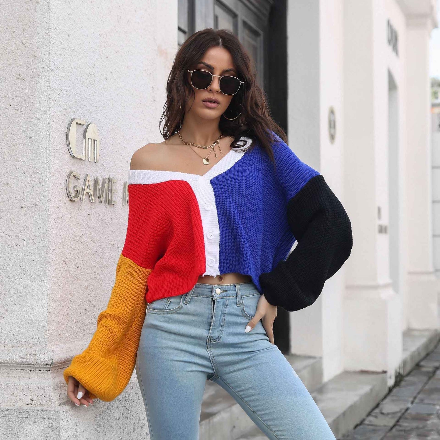 Knitted Cardigan Contrast Color Sweater