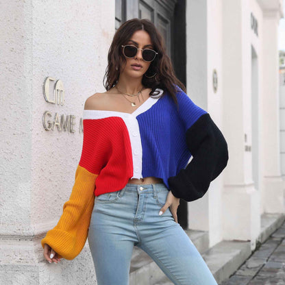 Knitted Cardigan Contrast Color Sweater