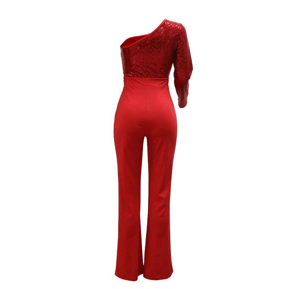 Shoulder Sleeve Sequin Stitching Jumpsuit