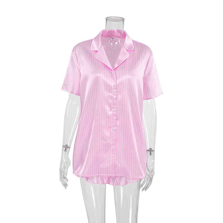 Summer Pink Striped Casual Loose Pajamas Women's