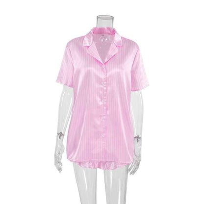 Summer Pink Striped Casual Loose Pajamas Women's