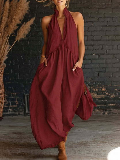 Summer Sleeveless Stand Collar Solid Color Maxi Vacation Dress MUNSIEUR