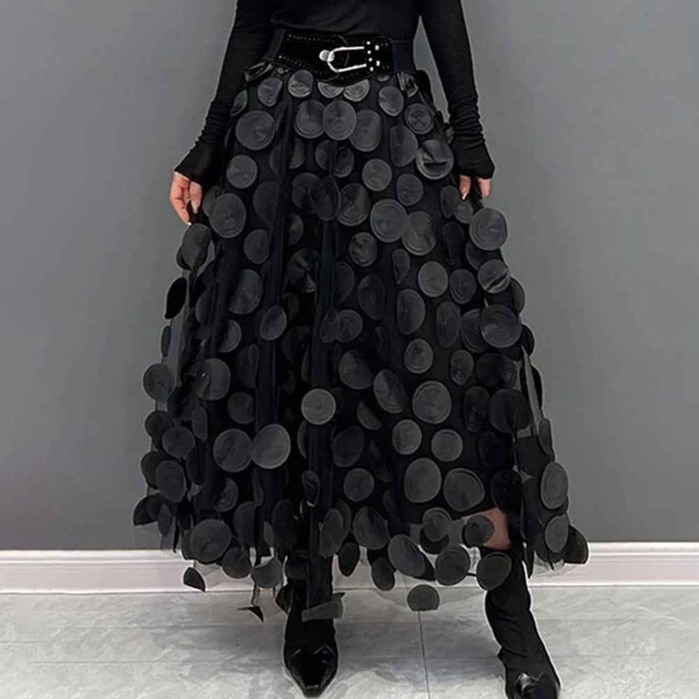 Three Dimensional Patch Stitching Mesh Women Midi Skirt