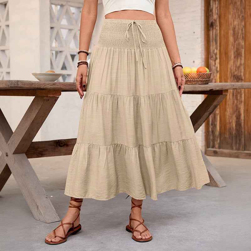 Boho Style Elastic Waistband Solid Color Wide Hem Skirt