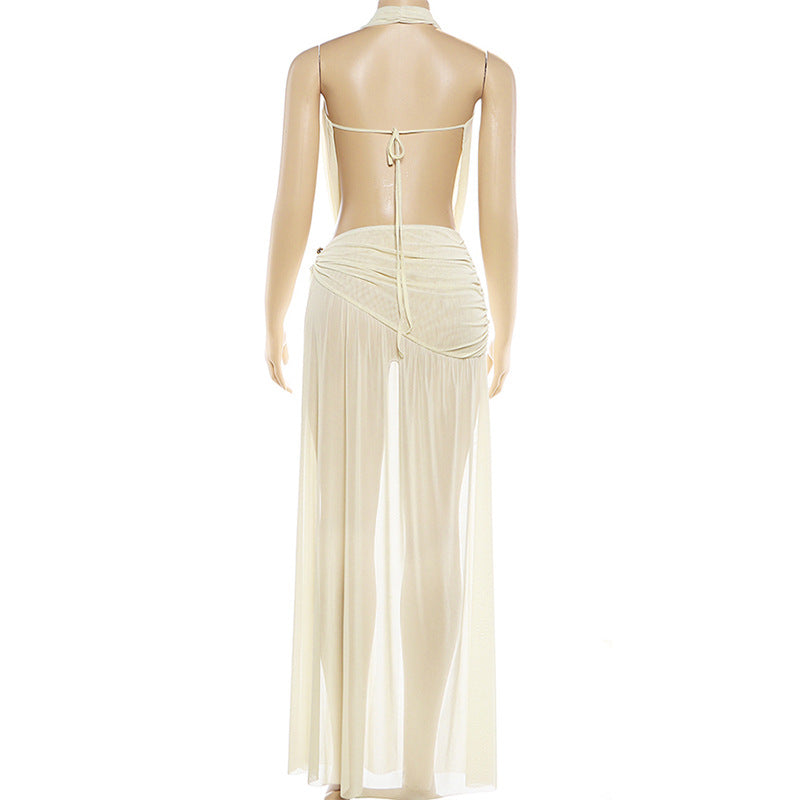 Halter Backless High Split Skirt Set