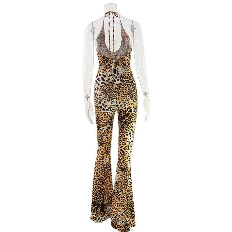 Leopard Print Sexy Cross Halter Cutout out Bare Back Jumpsuit