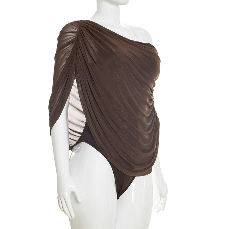 Pleated Sloping Shoulder Women's Elegant Bodysuit