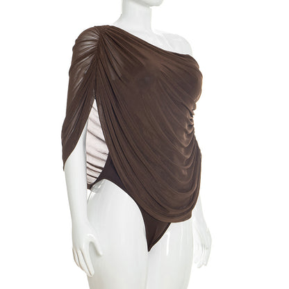 Pleated Sloping Shoulder Women's Elegant Bodysuit