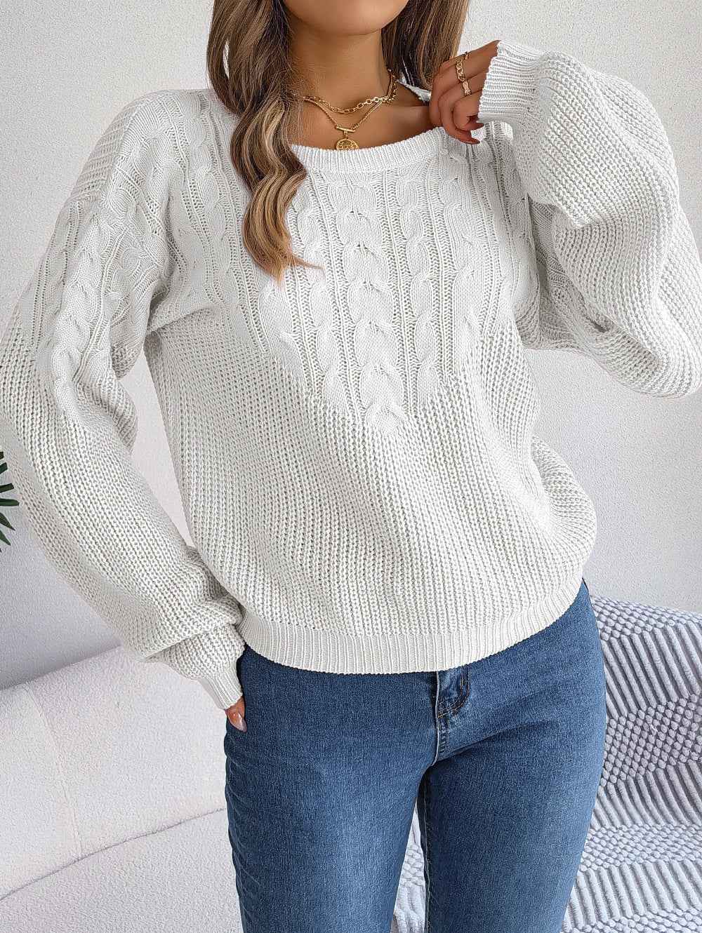 Casual Twist Patchwork Puff Sleeve Pullover Sweater