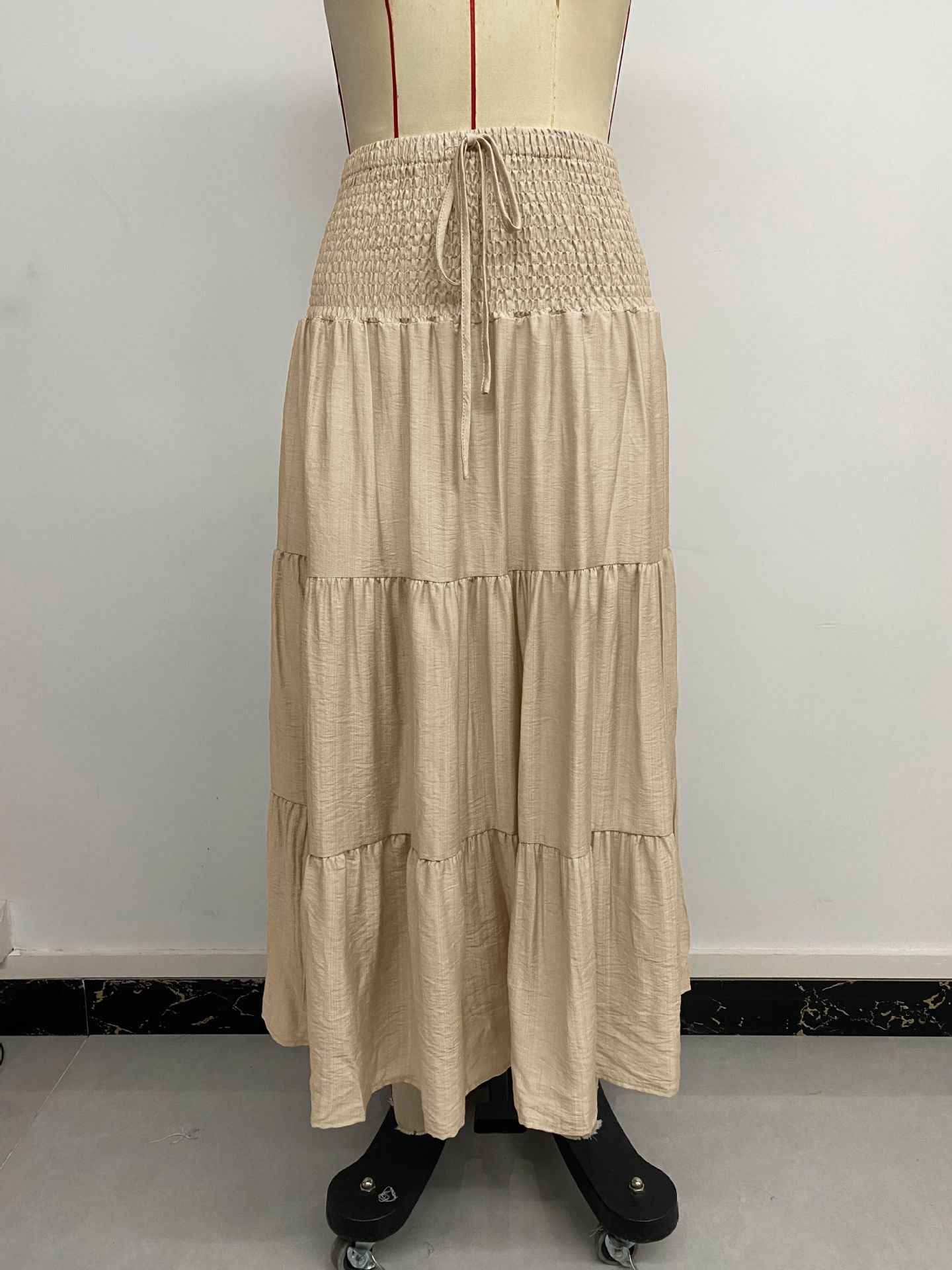 Boho Style Elastic Waistband Solid Color Wide Hem Skirt