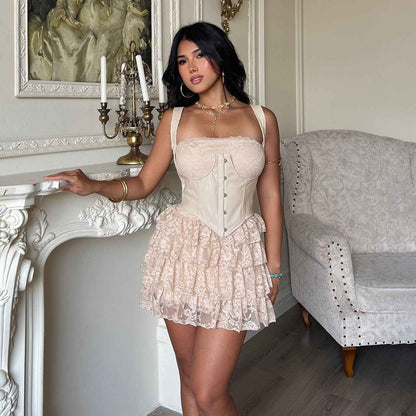 Lace Stitching Puffy Tiered Dress Summer Set