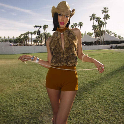 Sexy Fur Stitching Halter Cut out Backless Romper