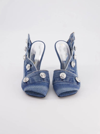 Women's Stiletto Heel Square Toe Denim Metal Rivets - Munsieur