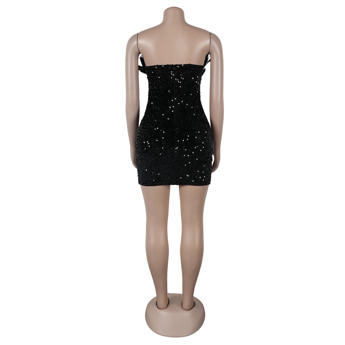 Sequin Deep V Plunge Feather Dress MUNSIEUR