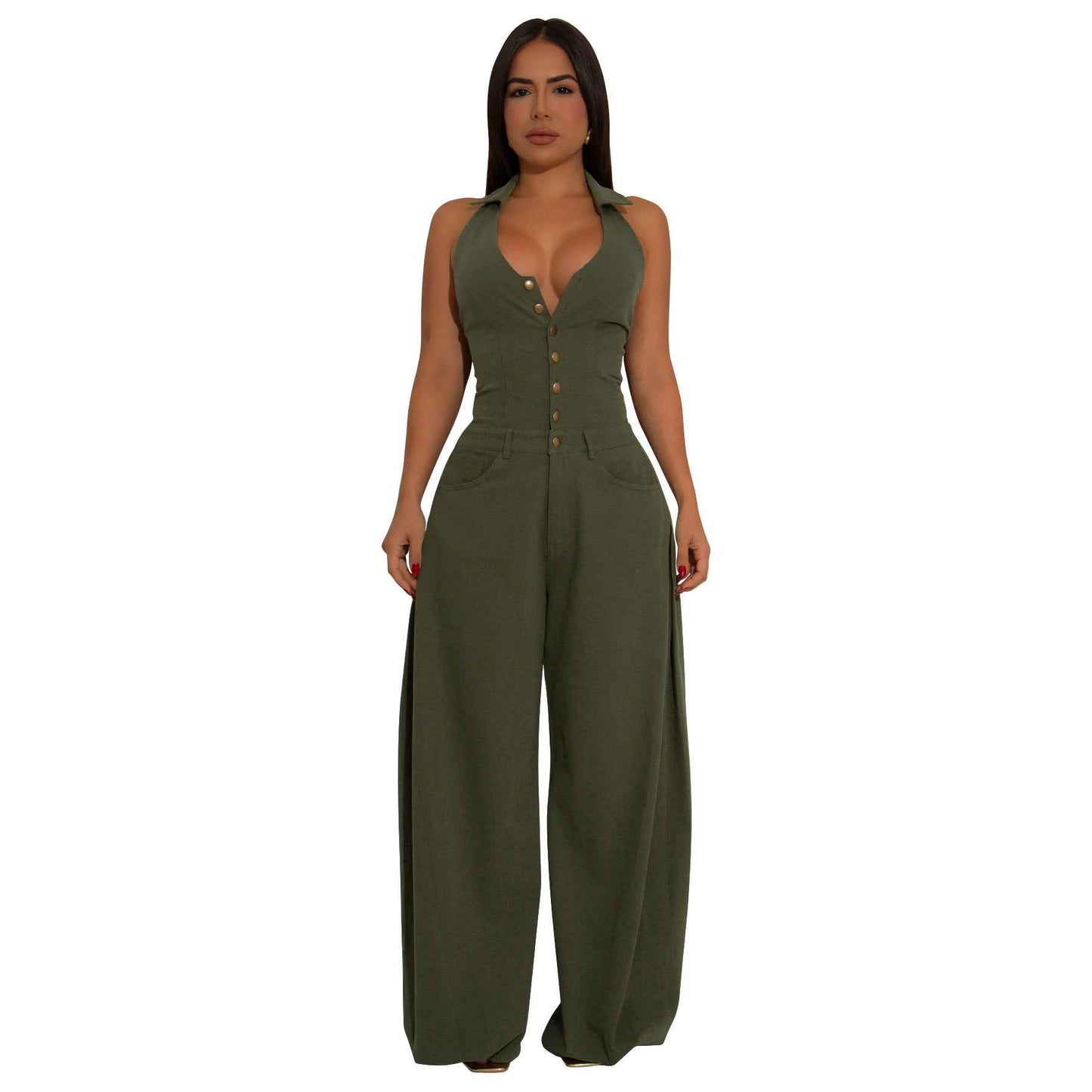 Sleeveless Backless Casual Jumpsuit w Pockets