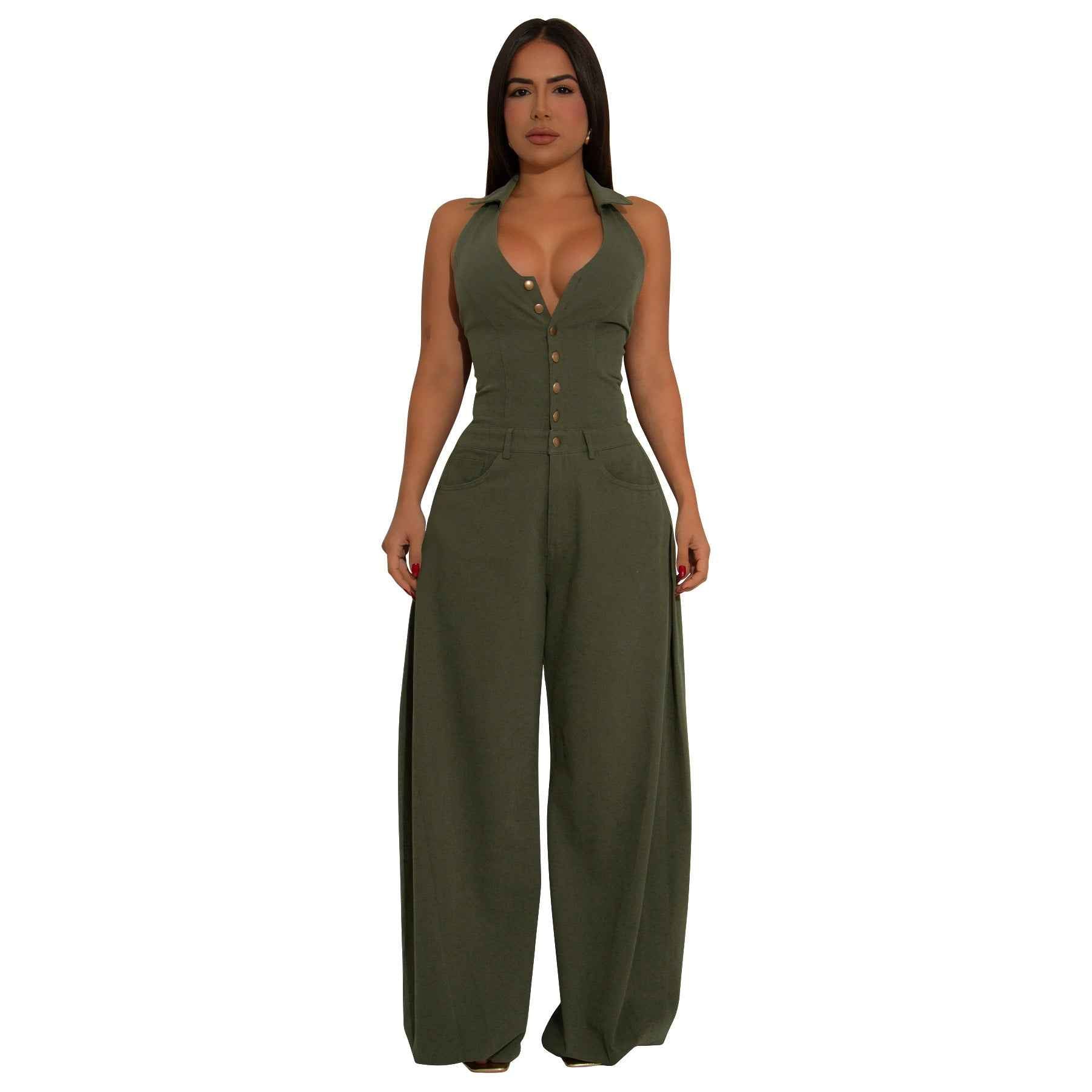 Sleeveless Backless Casual Jumpsuit w Pockets