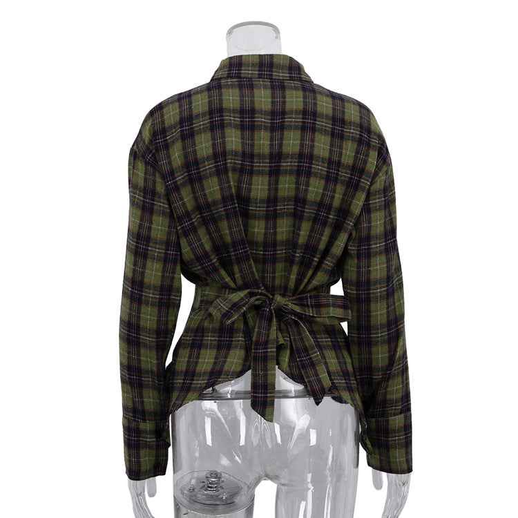 Retro Plaid Collared Long Sleeve Irregular Asymmetric Hem Cinched Blouse