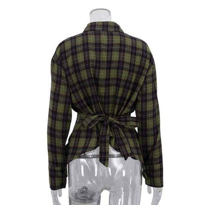 Retro Plaid Collared Long Sleeve Irregular Asymmetric Hem Cinched Blouse