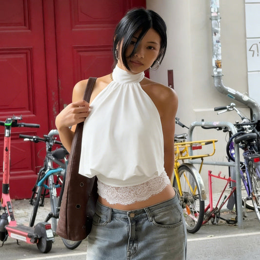 Halter Spaghetti Strap Backless Lace Blouse