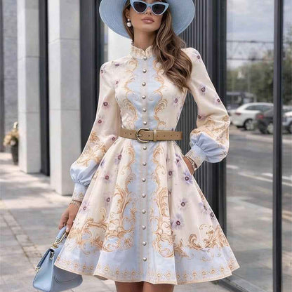 Retro Dress Stand Collar Puff Sleeve A line Dress MUNSIEUR New Arrivals