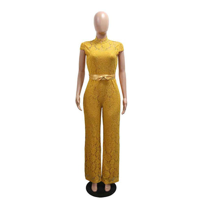 Round Neck Short Sleeve Lace Jumpsuit Wide Leg Pants Women Solid Color Trousers