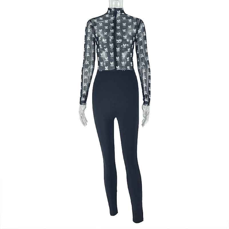 Women's Clothing Stitching Micro Transparent Sexy Print Jumpsuit