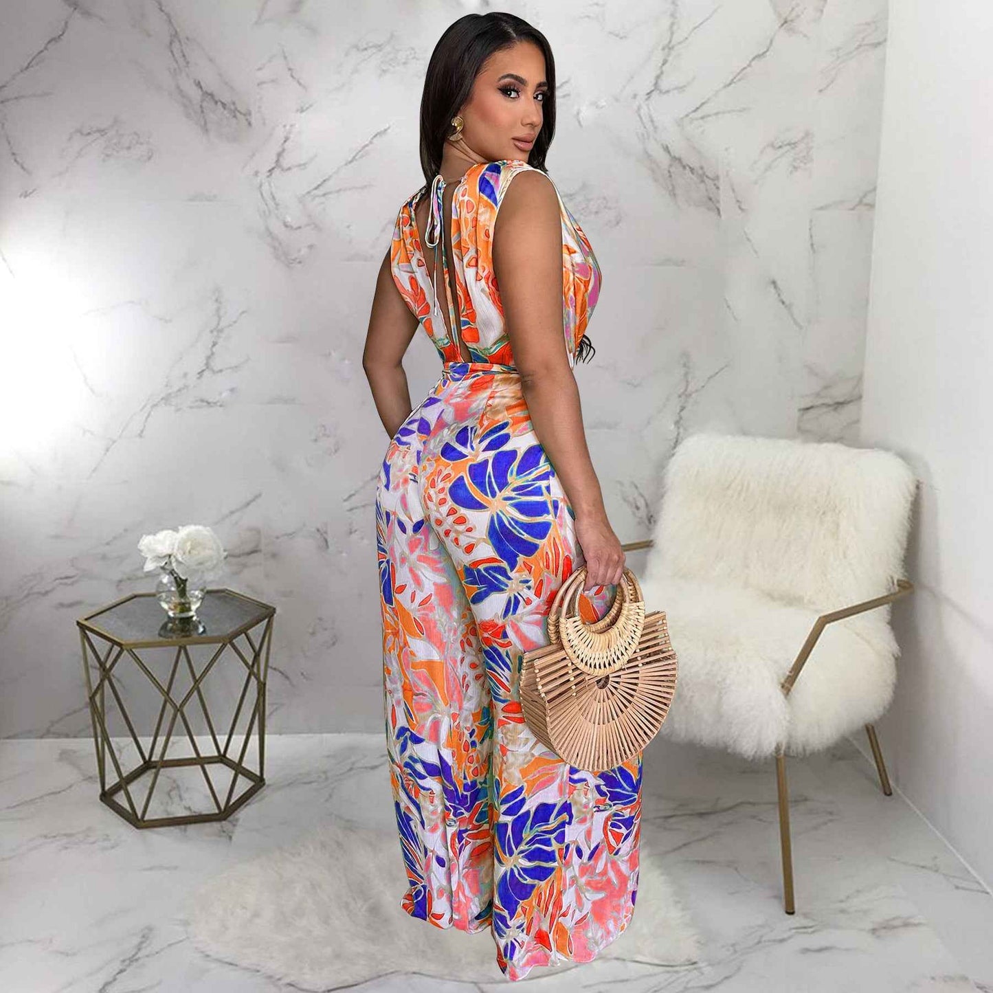 Sleeveless Lace up Wide Leg Printed Jumpsuit