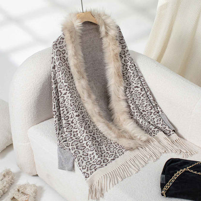 Leopard Print Fur Collar Loose Batwing Sleeve Sweater Cape Cardigan Women (one size fits all)