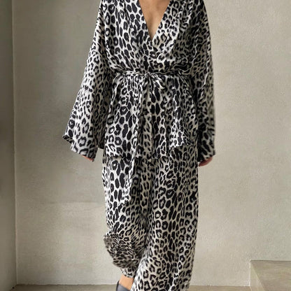 Women's Leopard Print Long-sleeved Jumpsuit Two-piece Set