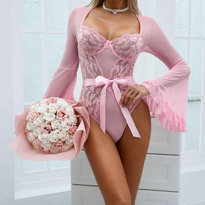 Lace Stitching Elastic Mesh Flared Bodysuit