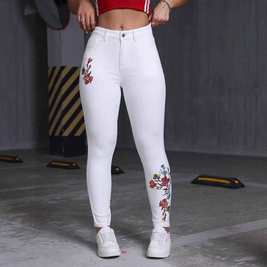 Floral Embroidered Casual Women's Denim Skinny Jeans