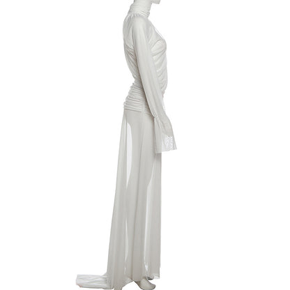 See through Turtle Bell Sleeve Split Skirt Set