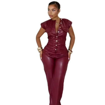 New Arrivals Women's Trousers Sleeveless Leather Jumpsuit
