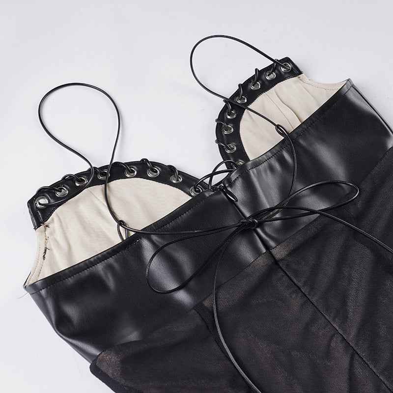 Mesh Leather Slim Fit Patchwork Wrapped Dress