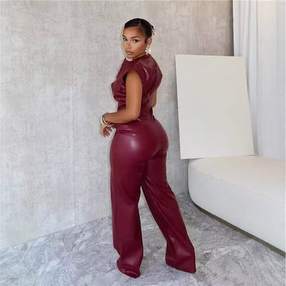 New Arrivals Women's Trousers Sleeveless Leather Jumpsuit
