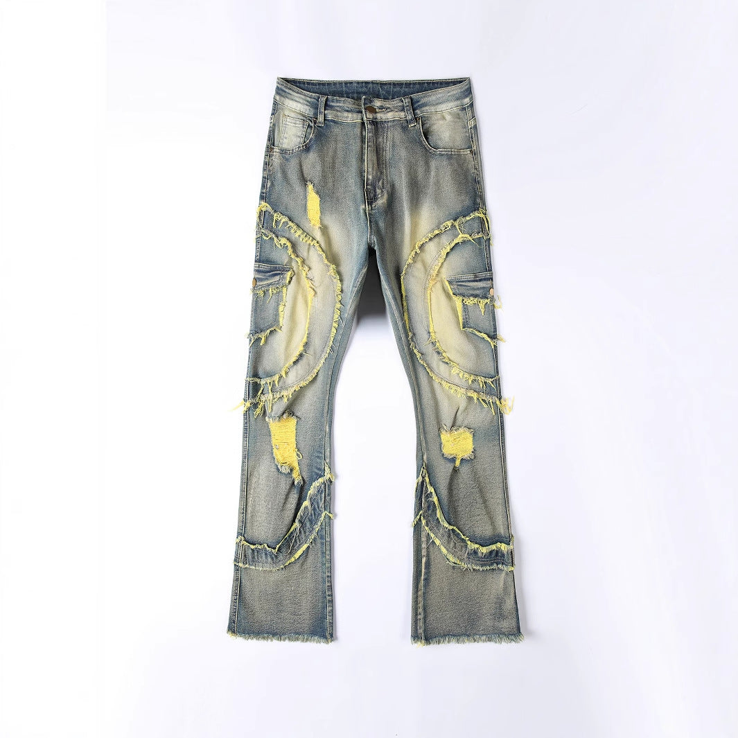 Men's Patchwork Fringe Slightly Flared Stretch Pants
